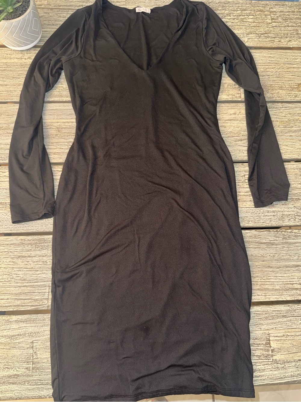 Women's Heart Hips Black Long-Sleeve Bodycon Midi Dress, Sz Large/XL